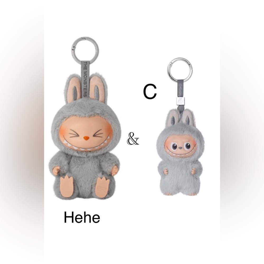 SET of “C” Labubu Pin for Love plush and “Hehe” Have a Seat plush, grey, sealed